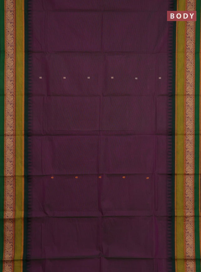 Chettinad cotton saree purple and bottle green with thread woven buttas and long temple thread woven border