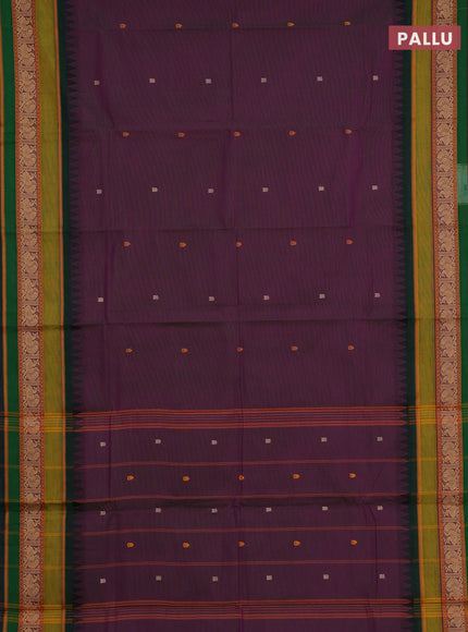 Chettinad cotton saree purple and bottle green with thread woven buttas and long temple thread woven border