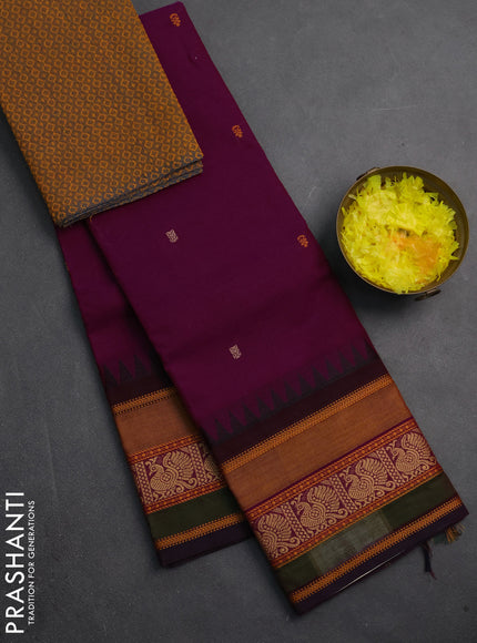 Chettinad cotton saree purple and dark mustard with thread woven buttas and long thread woven border