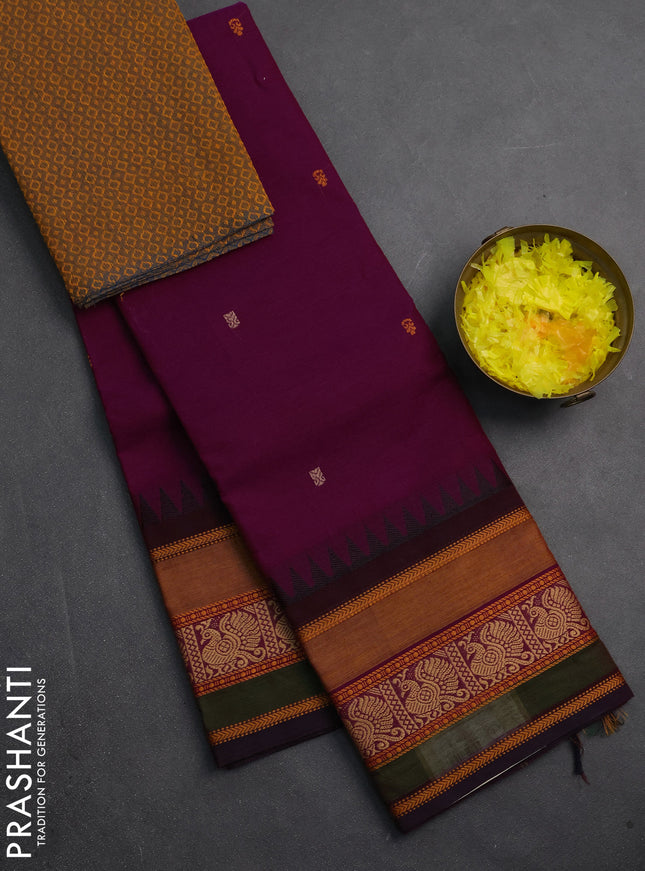 Chettinad cotton saree purple and dark mustard with thread woven buttas and long thread woven border