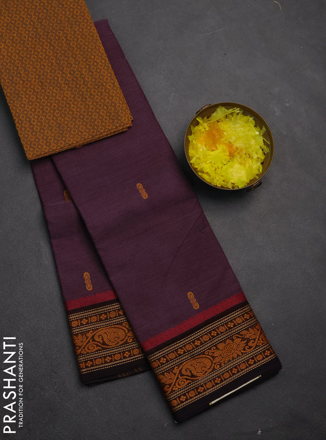 Chettinad cotton saree wine shade and mustard yellow with thread woven buttas and thread woven border