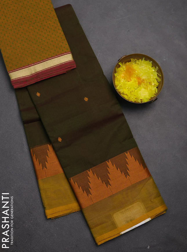 Chettinad cotton saree manthulir green and rust shade with thread woven buttas and temple thread woven simple border
