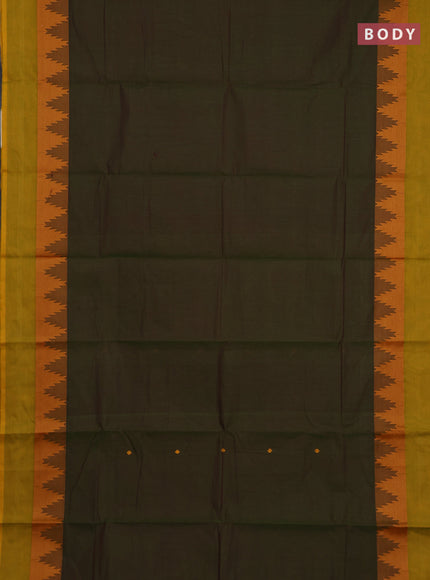 Chettinad cotton saree manthulir green and rust shade with thread woven buttas and temple thread woven simple border