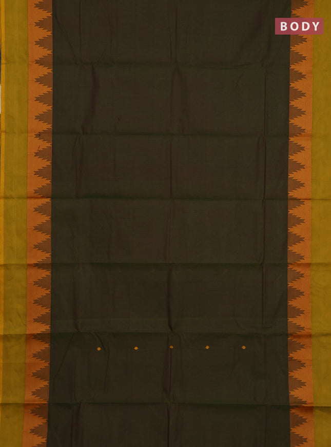 Chettinad cotton saree manthulir green and rust shade with thread woven buttas and temple thread woven simple border