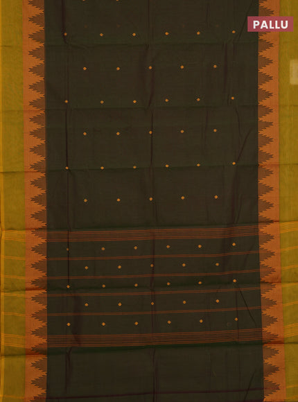 Chettinad cotton saree manthulir green and rust shade with thread woven buttas and temple thread woven simple border