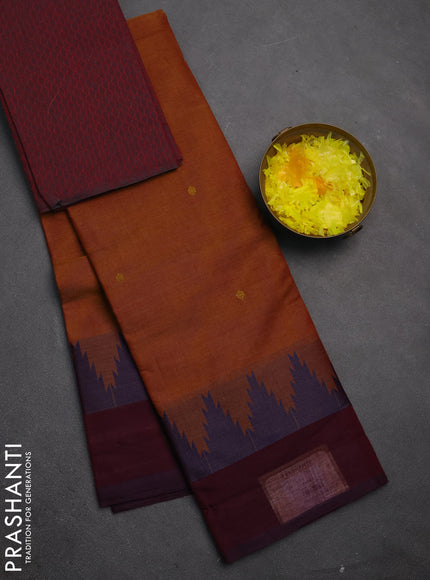 Chettinad cotton saree dark mustard and maroon with thread woven buttas and temple thread woven simple border