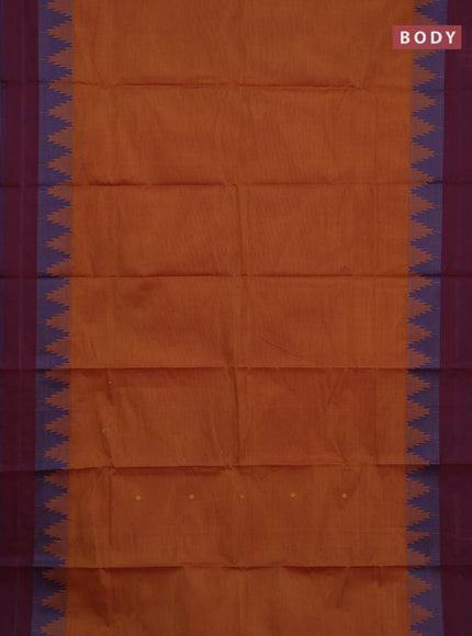 Chettinad cotton saree dark mustard and maroon with thread woven buttas and temple thread woven simple border