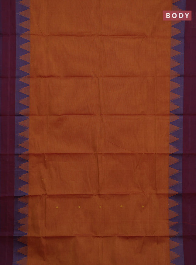 Chettinad cotton saree dark mustard and maroon with thread woven buttas and temple thread woven simple border