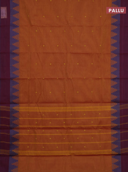 Chettinad cotton saree dark mustard and maroon with thread woven buttas and temple thread woven simple border