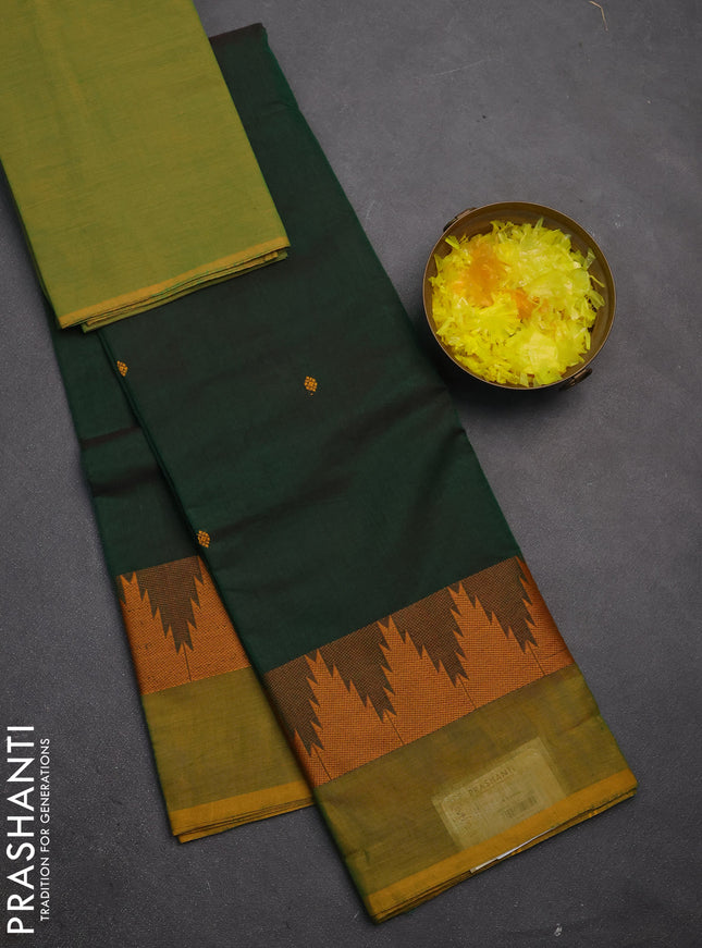 Chettinad cotton saree bottle green and mustard green with thread woven buttas and temple thread woven simple border