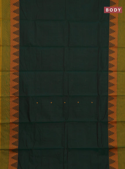 Chettinad cotton saree bottle green and mustard green with thread woven buttas and temple thread woven simple border