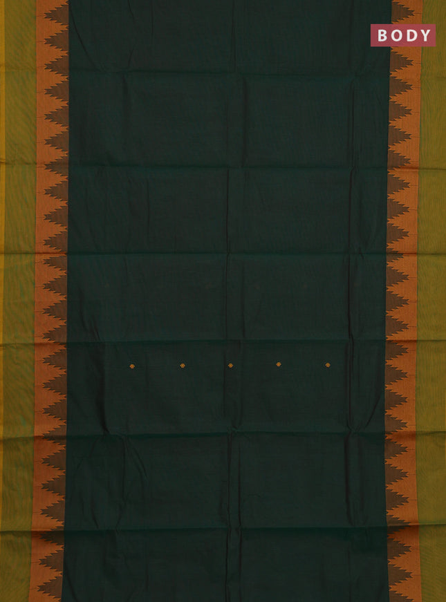 Chettinad cotton saree bottle green and mustard green with thread woven buttas and temple thread woven simple border