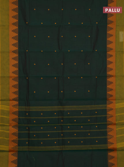 Chettinad cotton saree bottle green and mustard green with thread woven buttas and temple thread woven simple border