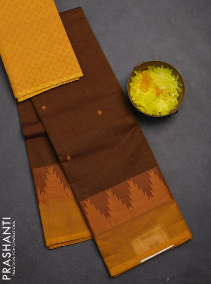 Chettinad cotton saree dark mustard and mustard yellow with thread woven buttas and temple thread woven simple border