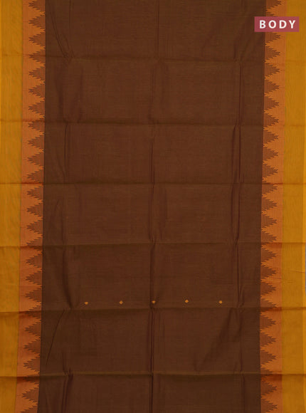Chettinad cotton saree dark mustard and mustard yellow with thread woven buttas and temple thread woven simple border