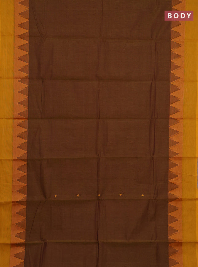 Chettinad cotton saree dark mustard and mustard yellow with thread woven buttas and temple thread woven simple border