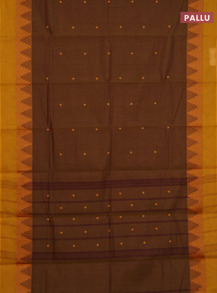 Chettinad cotton saree dark mustard and mustard yellow with thread woven buttas and temple thread woven simple border