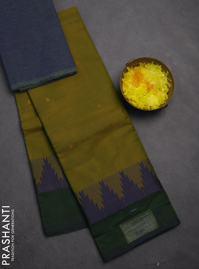 Chettinad cotton saree mehendi green and dual shade of greenish blue with thread woven buttas and temple thread woven simple border