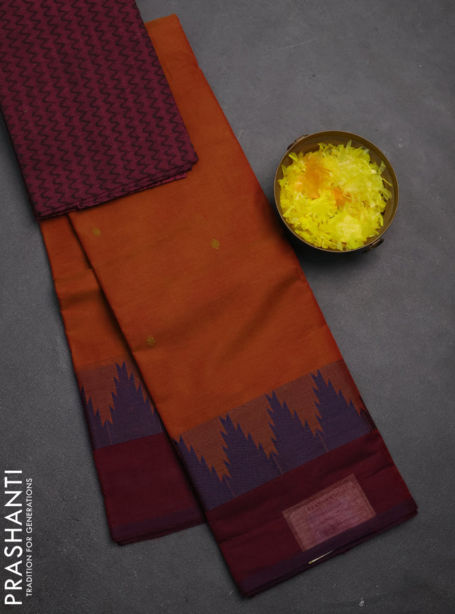 Chettinad cotton saree sunset orange and magenta pink with thread woven buttas and temple thread woven simple border