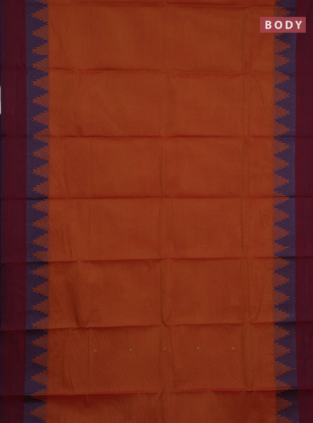 Chettinad cotton saree sunset orange and magenta pink with thread woven buttas and temple thread woven simple border