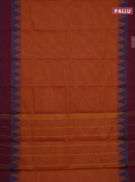 Chettinad cotton saree sunset orange and magenta pink with thread woven buttas and temple thread woven simple border