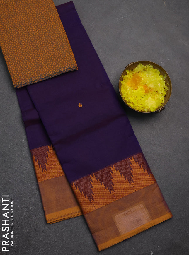 Chettinad cotton saree violet and mustard yellow with thread woven buttas and temple thread woven simple border