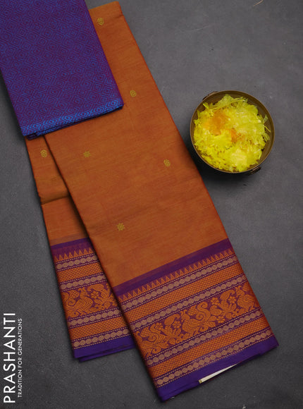 Chettinad cotton saree sunset orange and purple with thread woven buttas and thread woven border