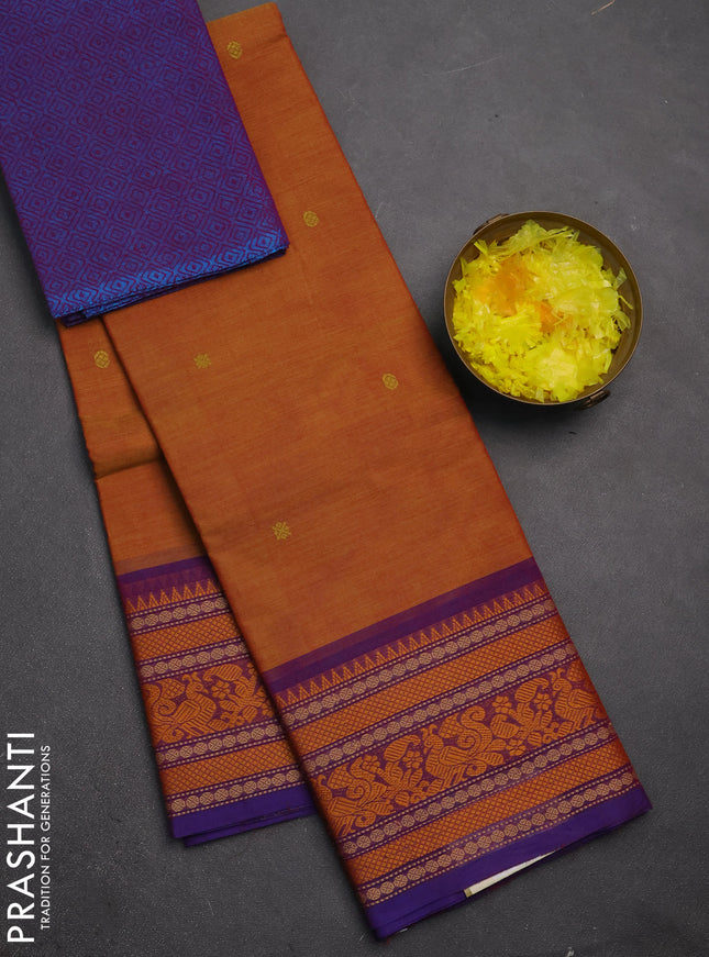 Chettinad cotton saree sunset orange and purple with thread woven buttas and thread woven border