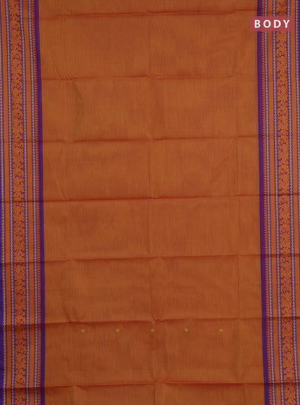Chettinad cotton saree sunset orange and purple with thread woven buttas and thread woven border