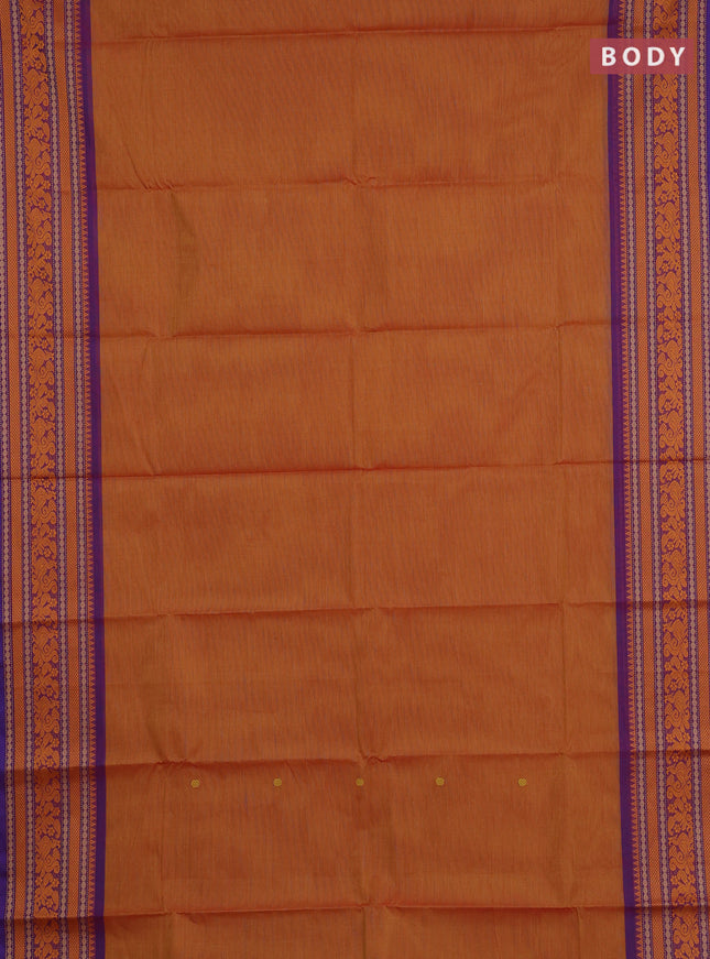 Chettinad cotton saree sunset orange and purple with thread woven buttas and thread woven border