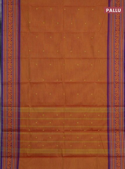 Chettinad cotton saree sunset orange and purple with thread woven buttas and thread woven border