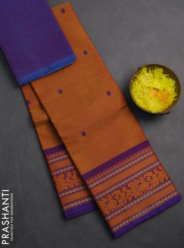 Chettinad cotton saree dual shade of yellowish pink and violet with thread woven buttas and thread woven border