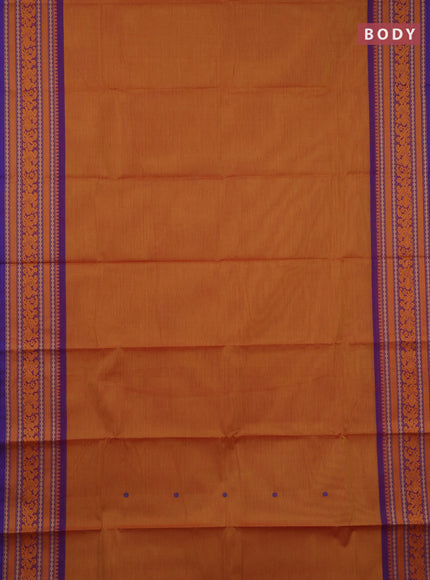 Chettinad cotton saree dual shade of yellowish pink and violet with thread woven buttas and thread woven border