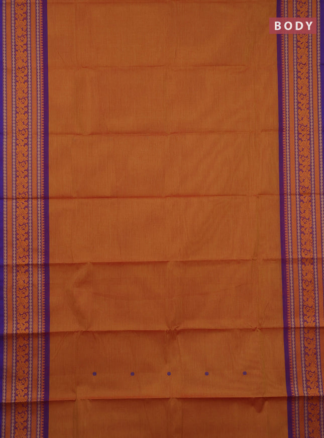 Chettinad cotton saree dual shade of yellowish pink and violet with thread woven buttas and thread woven border