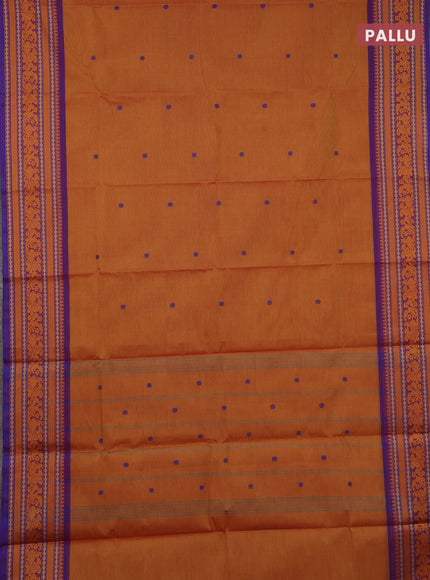 Chettinad cotton saree dual shade of yellowish pink and violet with thread woven buttas and thread woven border