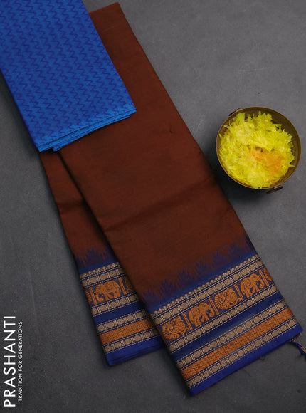 Chettinad cotton saree dual shade of greenish brown and blue with plain body and temple design thread woven border