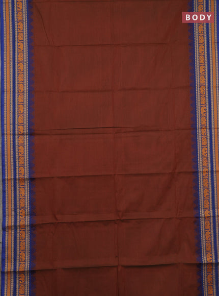 Chettinad cotton saree dual shade of greenish brown and blue with plain body and temple design thread woven border
