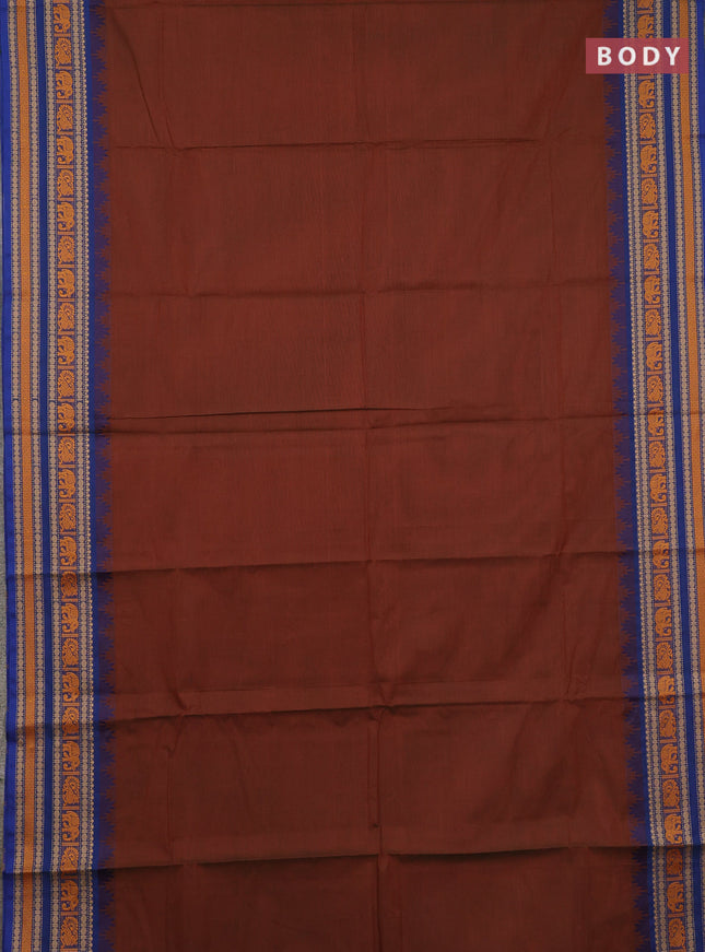Chettinad cotton saree dual shade of greenish brown and blue with plain body and temple design thread woven border