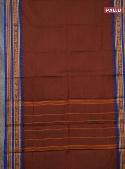 Chettinad cotton saree dual shade of greenish brown and blue with plain body and temple design thread woven border