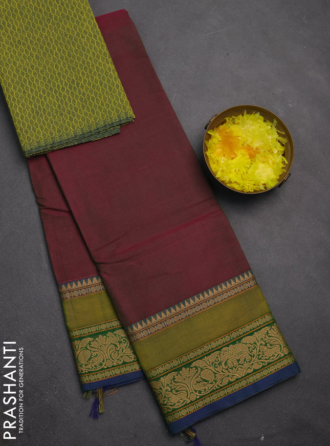 Chettinad cotton saree dual shade of pinkish green and green with plain body and rettapet thread woven border