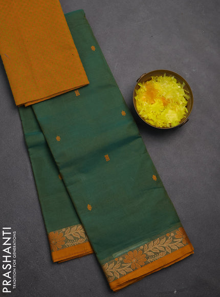 Chettinad cotton saree dual shade of teal green and mustard yellow with thread woven buttas and thread woven border