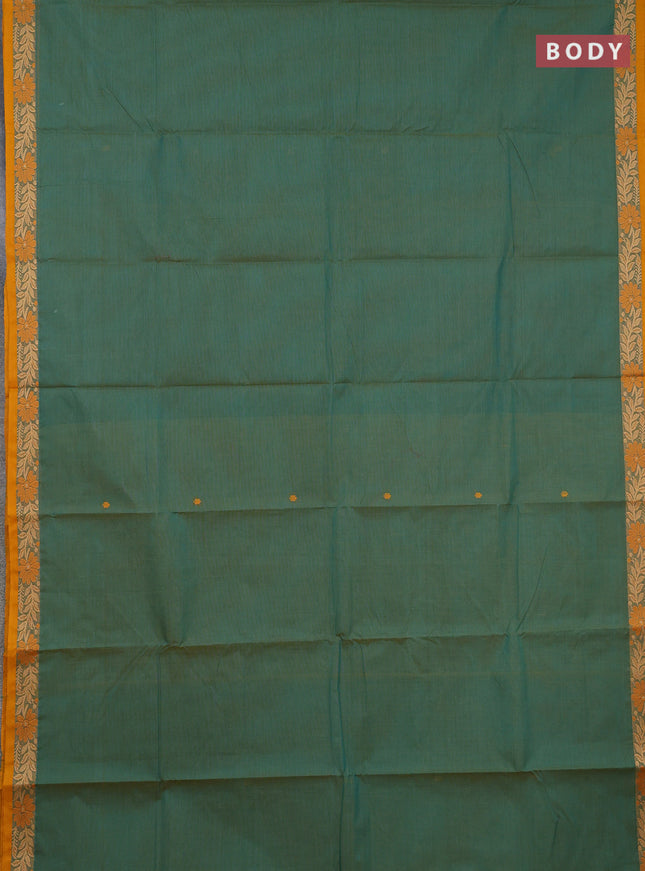Chettinad cotton saree dual shade of teal green and mustard yellow with thread woven buttas and thread woven border