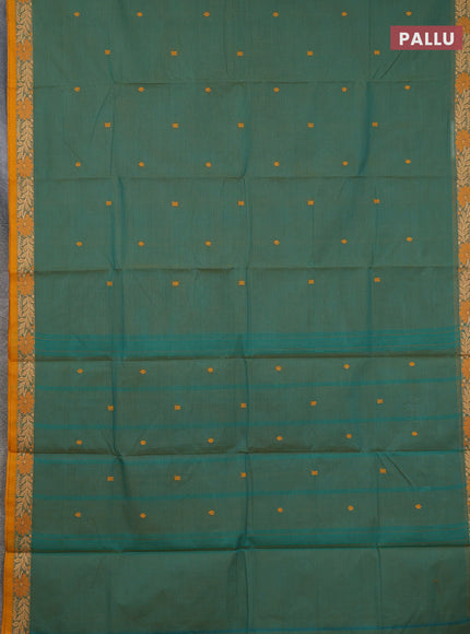 Chettinad cotton saree dual shade of teal green and mustard yellow with thread woven buttas and thread woven border