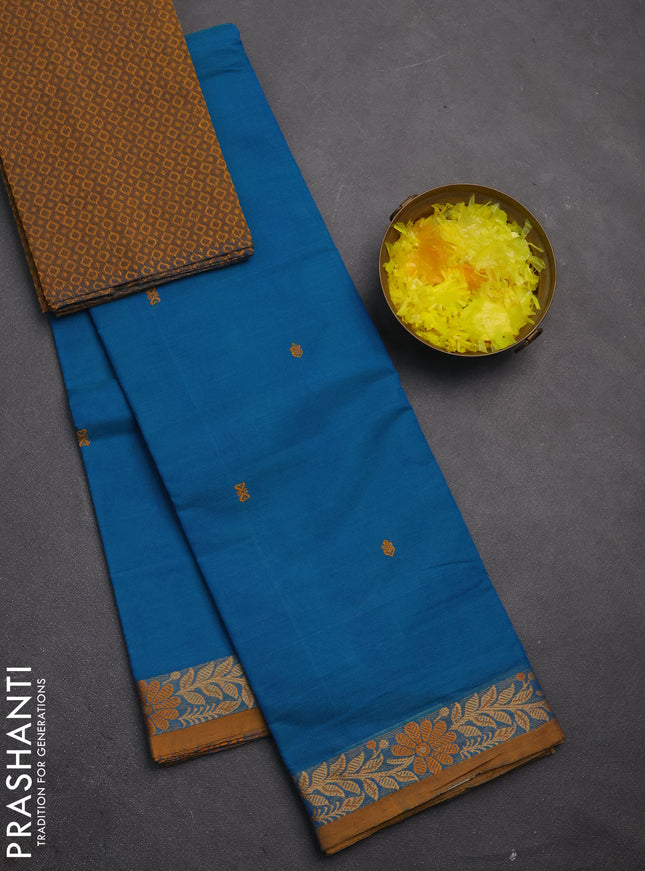 Chettinad cotton saree cs blue and dark mustard with thread woven buttas and thread woven border