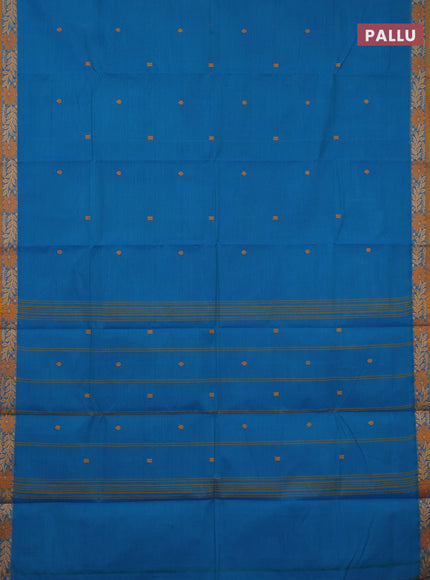 Chettinad cotton saree cs blue and dark mustard with thread woven buttas and thread woven border