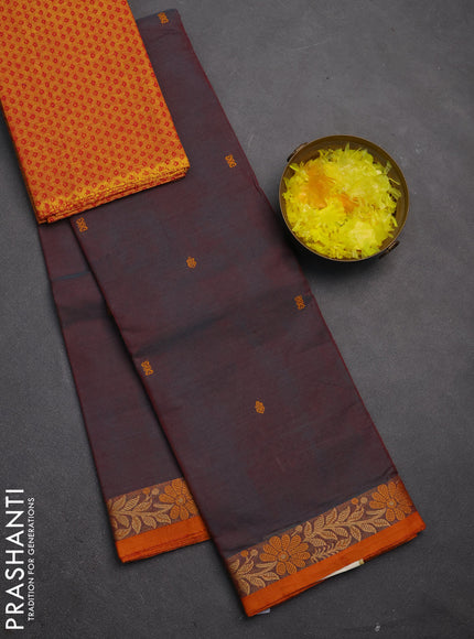 Chettinad cotton saree dual shade of maroonish blue and dark mustard with thread woven buttas and thread woven border