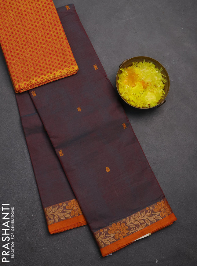 Chettinad cotton saree dual shade of maroonish blue and dark mustard with thread woven buttas and thread woven border