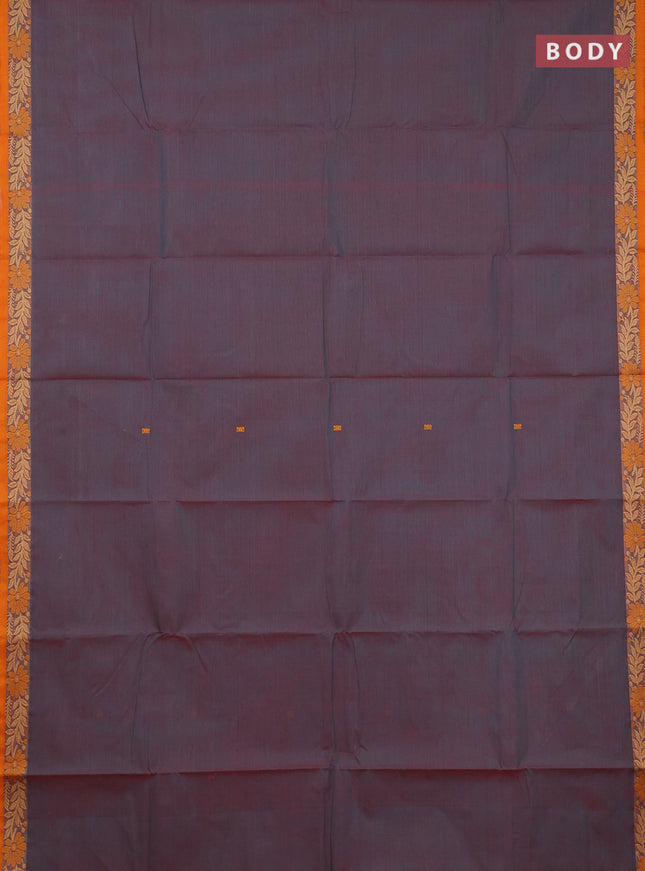 Chettinad cotton saree dual shade of maroonish blue and dark mustard with thread woven buttas and thread woven border