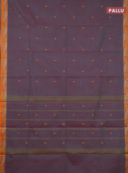 Chettinad cotton saree dual shade of maroonish blue and dark mustard with thread woven buttas and thread woven border