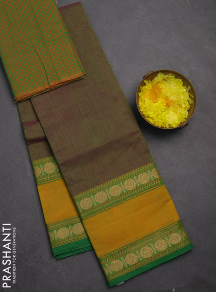 Chettinad cotton saree dual shade of green and mustard yellow with plain body and rettapet thread woven border